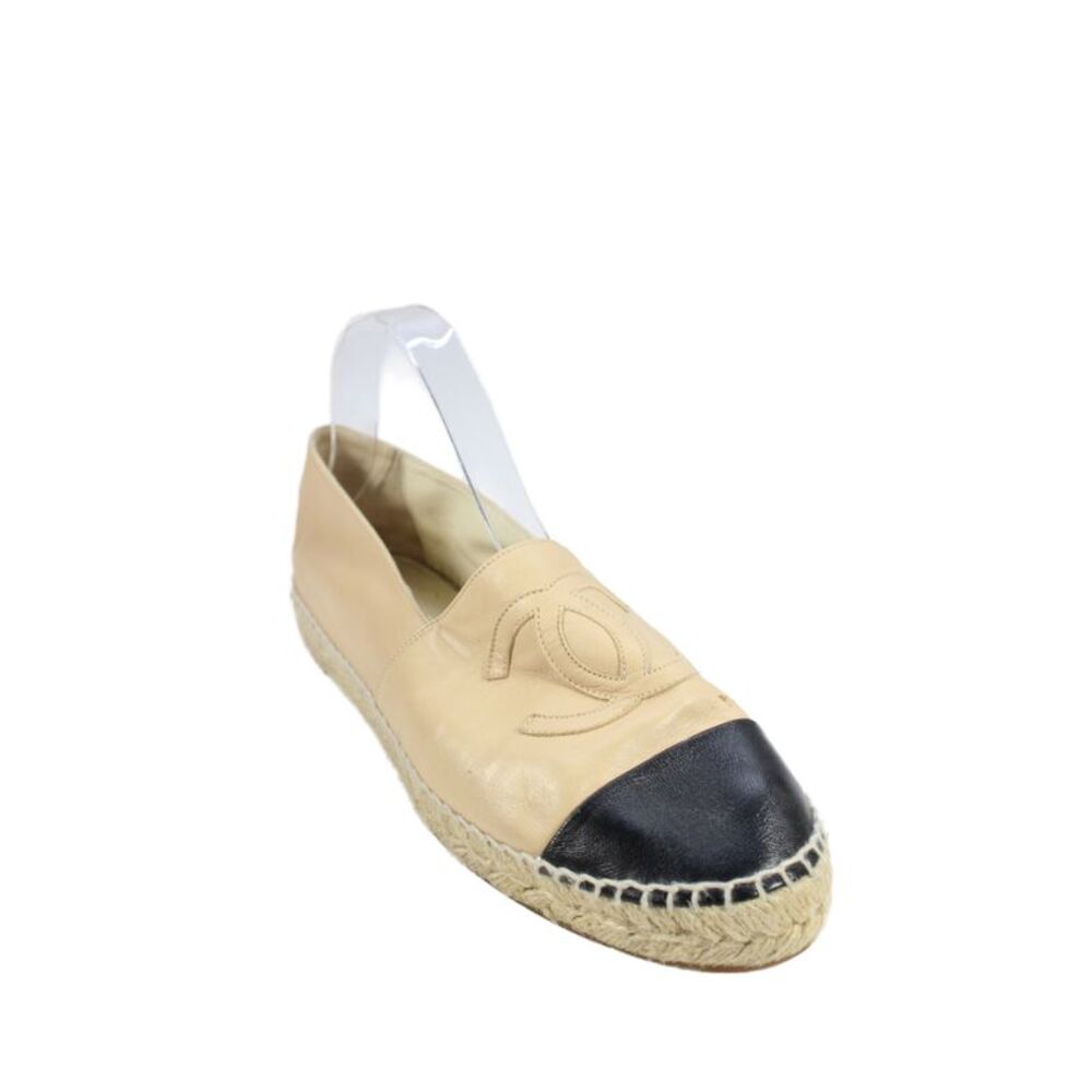 Chanel Womens Leather Logo Cap Toe Espadrille Flats Beige Black Size 42 12